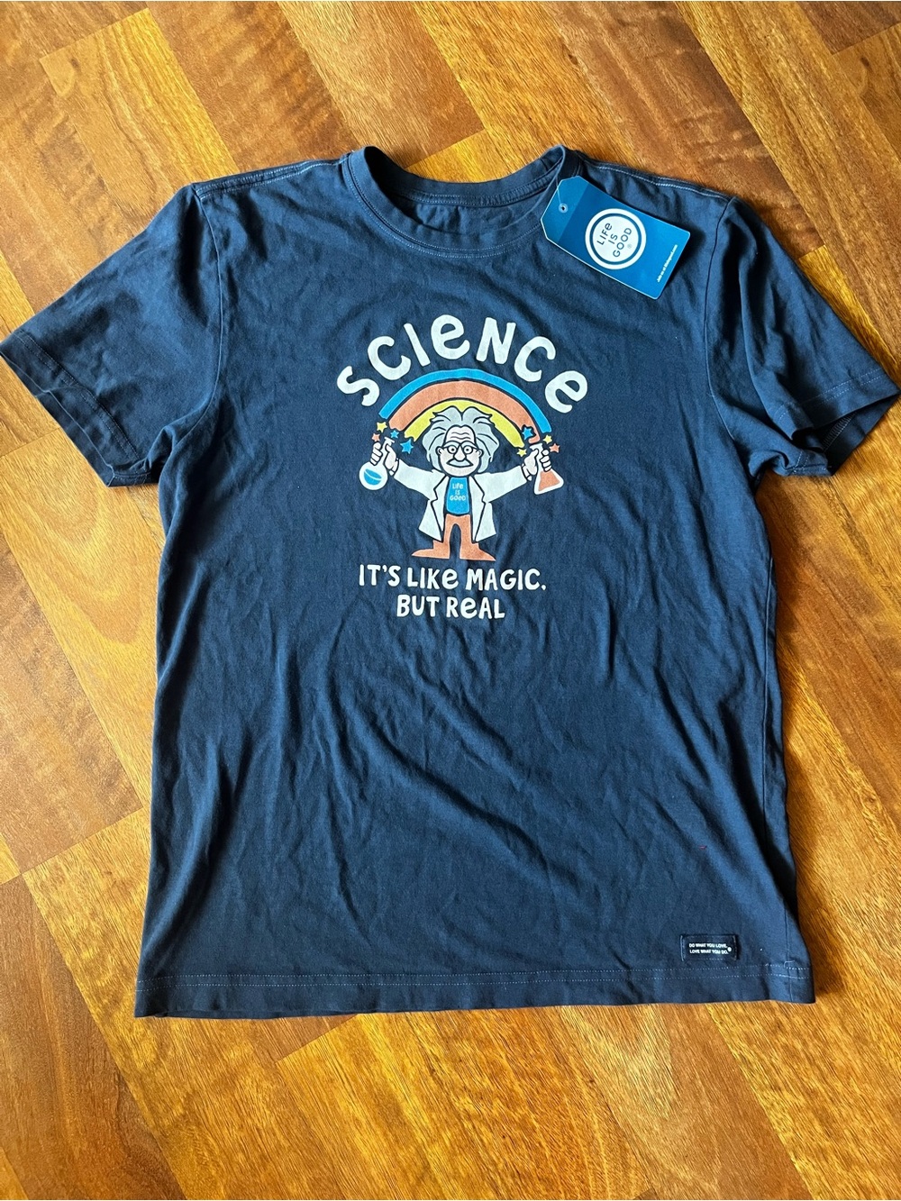 New Life Is Good Navy Science Graphic Tee with Rainbow